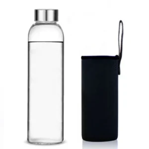Glass Water Bottle with Stainless Steel Lid and Protective Bag